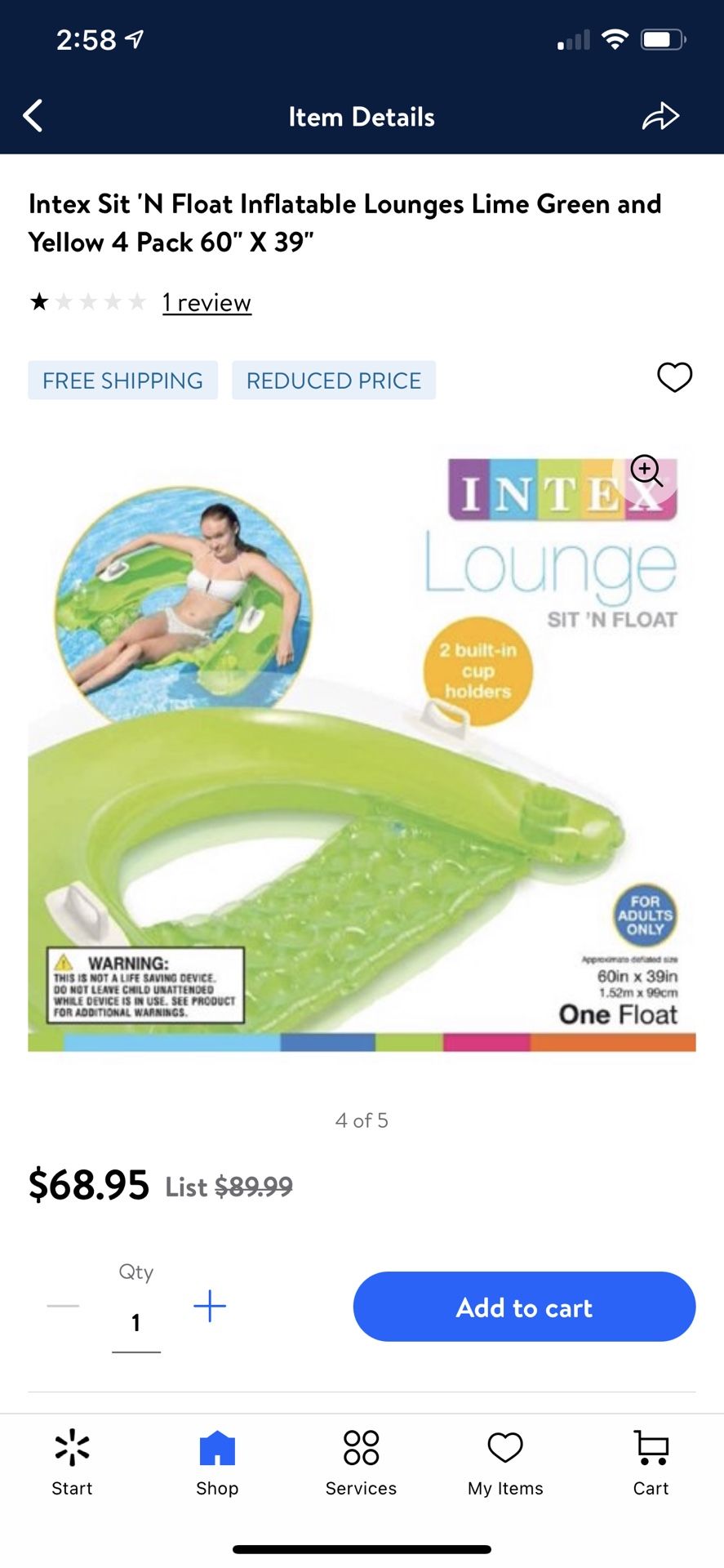Intex Sit 'N Float Inflatable Lounges Lime Green and Yellow 4 Pack 60" X 39"