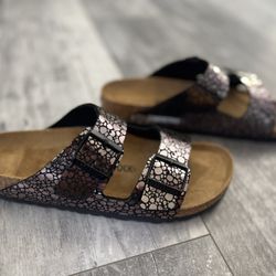 Birkenstock Arizona Metallic Stone Sandals Black Silver Womens Size 10 Mens 8