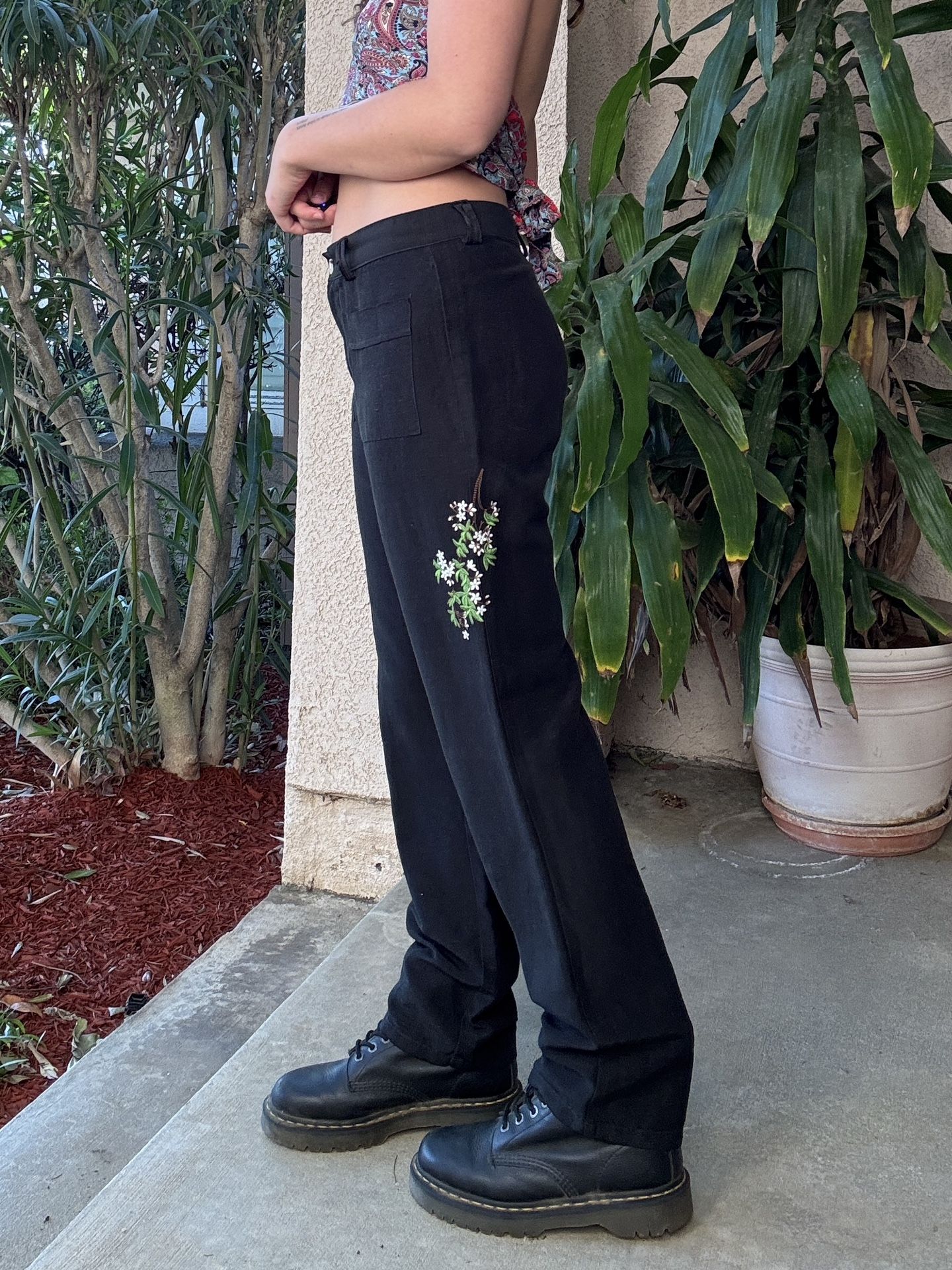 Black Linen Embroidered Pants