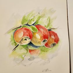 Watercolor Painting, "Apple on Branch "10x14 "