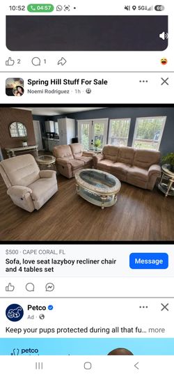 Sofa, love seat lazyboy recliner chair and 4 tables set
