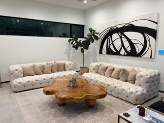 PAIR OF OVERSIZED DESIGNER TUFTED SOFAS | IVORY LINEN