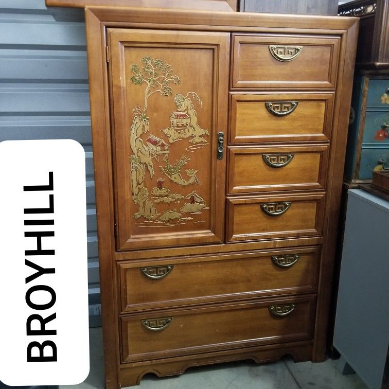 Vintage Broyhill chinoiserie Armoire Dresser and Nightstand set

