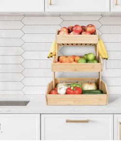 Bamboo Fruit Basket – Transforms To 2-Tier | 2 Banana Hooks Included – 14" W x 12.5" L x 19" H – Fruit Holder for Kitchen Countertop - Fruits & Vegeta