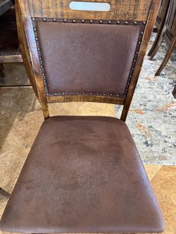 Rustic Wood Dining Chairs with Brown Upholstery - set of 4