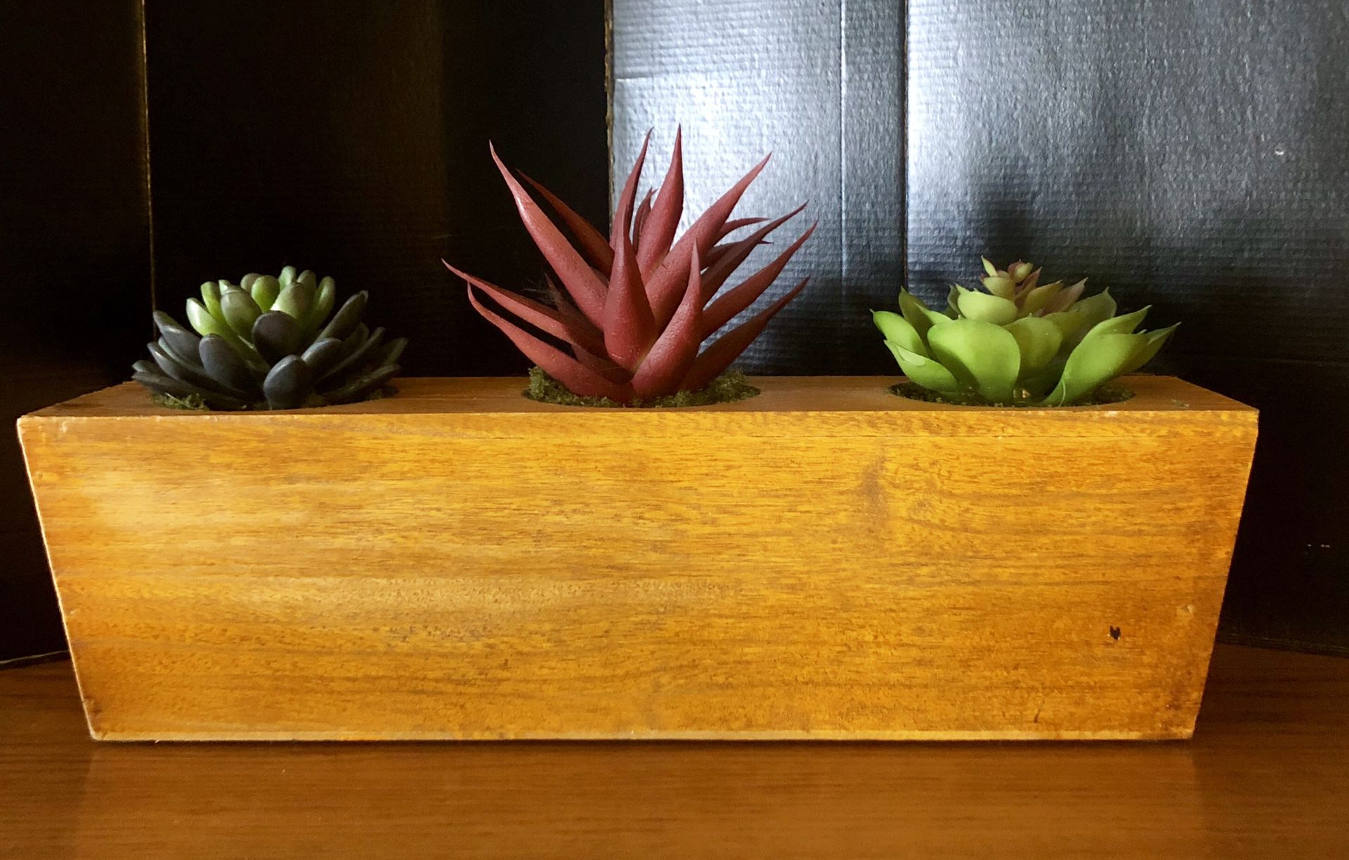 Wooden box of succulents (fake) 14” x 3”