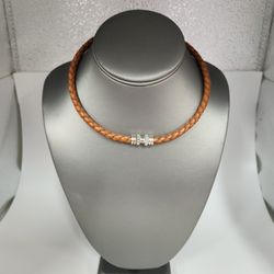 Judith Ripka Braided Brown Leather Choker With Sterling Magnet Clasp 15.5"