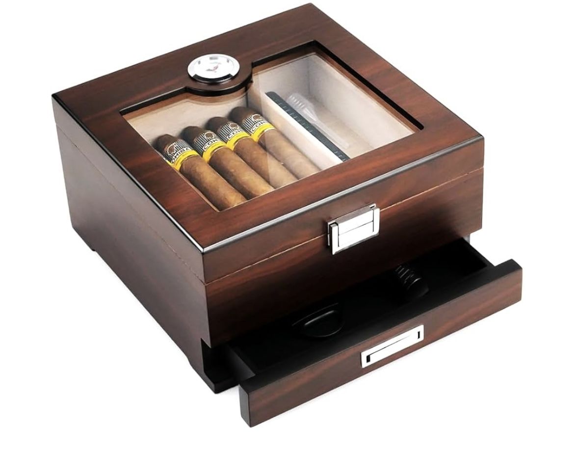 Bald Eagle Cigar Humidor, Handmade Box with Humidifier Hygrometer, Cedar Wood Glass Top Case with Accessories Drawer, Hold 30-35 Cigars