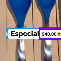 $40.00 Set De 2 Cucharas  Chica Y Grande Para Cosinar  Línea Nueva Azul Silico Y Acero Inoxidable Princess House 