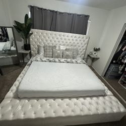 Velvet White Tufted Cal-King Bed with Storage
