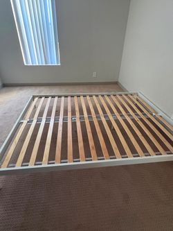 Queen Size Bed Frame – White Metal Frame with Wooden Slats