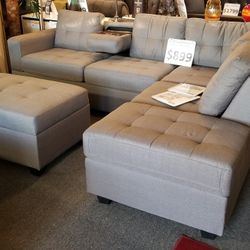 Brand New 102" x 81" Grey Woven Linen Storage Sectional + Ottoman
