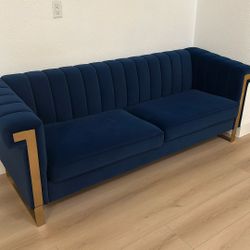 Blue Velvet Sofa with Gold Legs