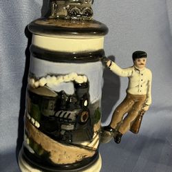 Vintage Ceramic,  Beer Stein train on lid Conductor On Handle