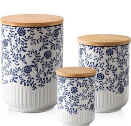 Ceramic Kitchen Containers for Countertop with Airtight Wood Lids