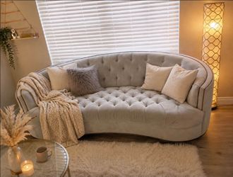 Gray Velvet Tufted Curved Sofa