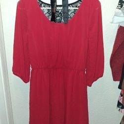 IZ Byer Coral Red Chiffon Dress With Black Lace Back And Bow Belt