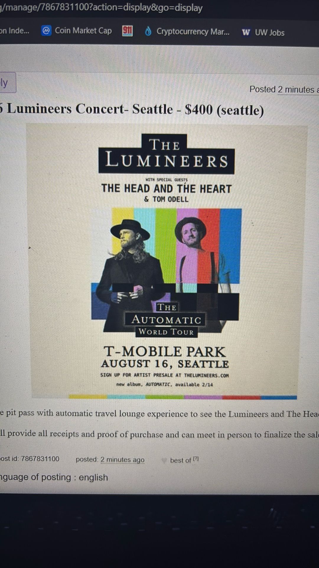 8/16 Lumineers Concert Seattle $400