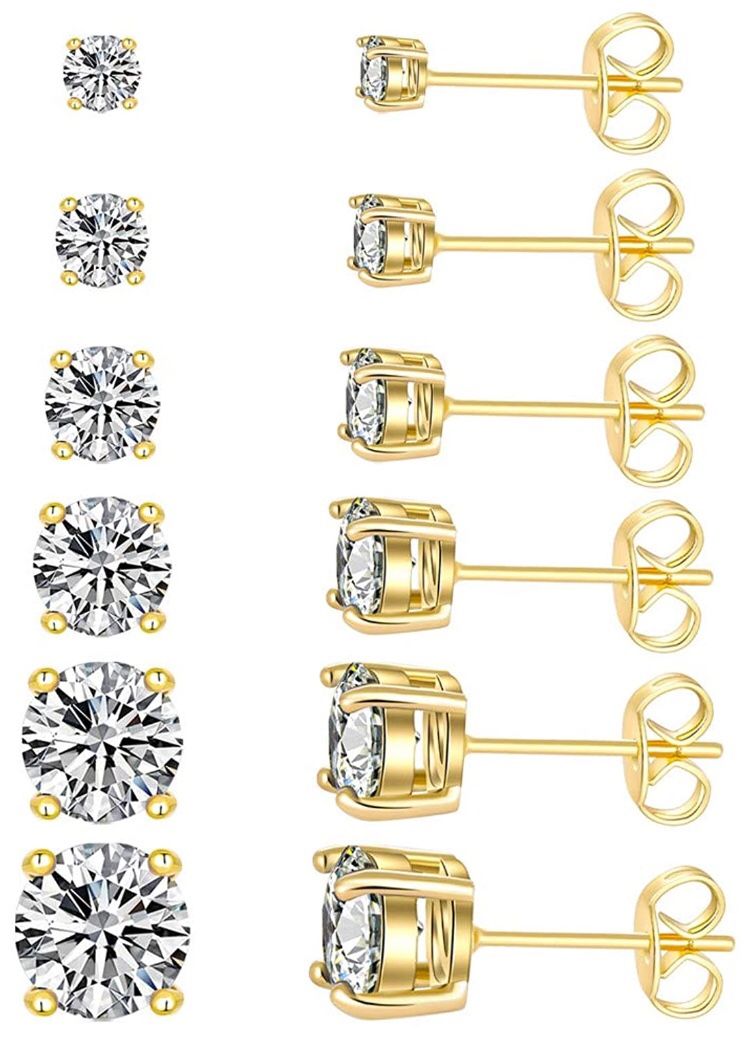 Stud Earrings Simulated Diamond 18K Gold Plated Royal Round Cubic Zirconia Ear Stud Set (6 Pairs)