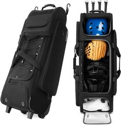 Aurotier Large Rolling Baseball Catchers Gear Bag with Wheels, Wheeled Softball Bag for 4 Bats with Fence Hooks Waterproof Pocket Shoe Compartment