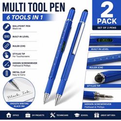 2 Pack Multi Tool Pen Stylus Screwdriver Ruler Level Black Ink Blue Pens