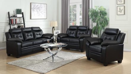 3PC LIVING ROOM SET: SOFA, LOVESEAT, CHAIR--BLACK LEATHERETTE