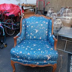 French Hand Carved Wood Detail Ethan Allen Inspired Re Upholstered Armchair Blue Floral $400 OBO
