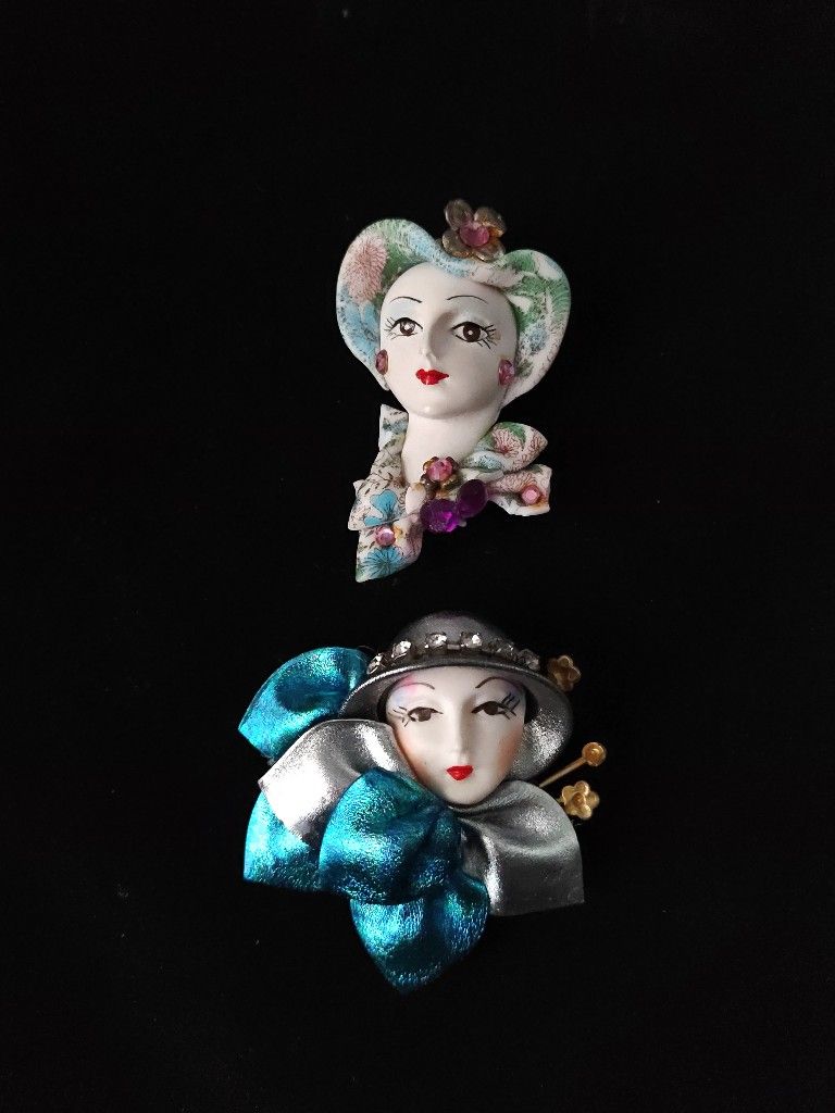Mardi Gras Ceramic Handmade Face Woman Art Deco Brooch Pin Back Lot Of 2