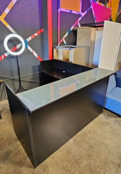 Espresso Front Receptionist Desk Top Glass Left Return