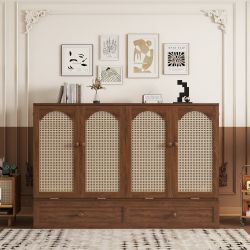 Siv Queen Size Wood Murphy Bed with Rattan Panel