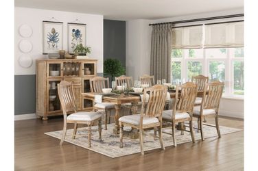 Brand new natural wood dining table (42 x 72 - 90 x 30H) + 6 gray linen chairs