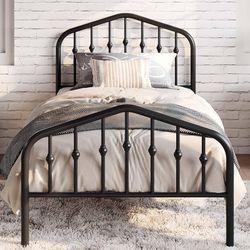 Twin Size Metal Platform Bed Frame with Victorian Style Wrought Iron-Art Headboard/Footboard, No Box Spring Required, Black