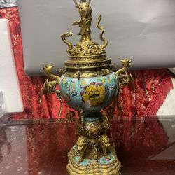 24"1/2 Marked Cloisonne Enamel Gilt Dragon Phoenix Guanyin Incense Burner Censer