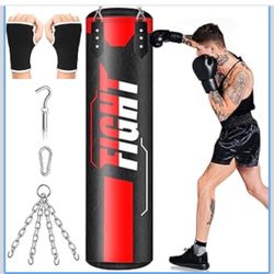 Filled Punching Bag for Adults, 4FT PU Leather Hanging Boxing Bag with 11lb Sponge Filler & 12OZ Boxing Gloves, Heavy Kicking Bag Boxing Equipment for