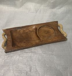 Vintage Wooden Snack Serving Tray w Rope Handles Dip Bowl Compartment Rustic MCM