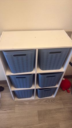 White Cube Shelf Unit with 6 Blue Baskets