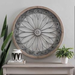 Round metal and wood wall art