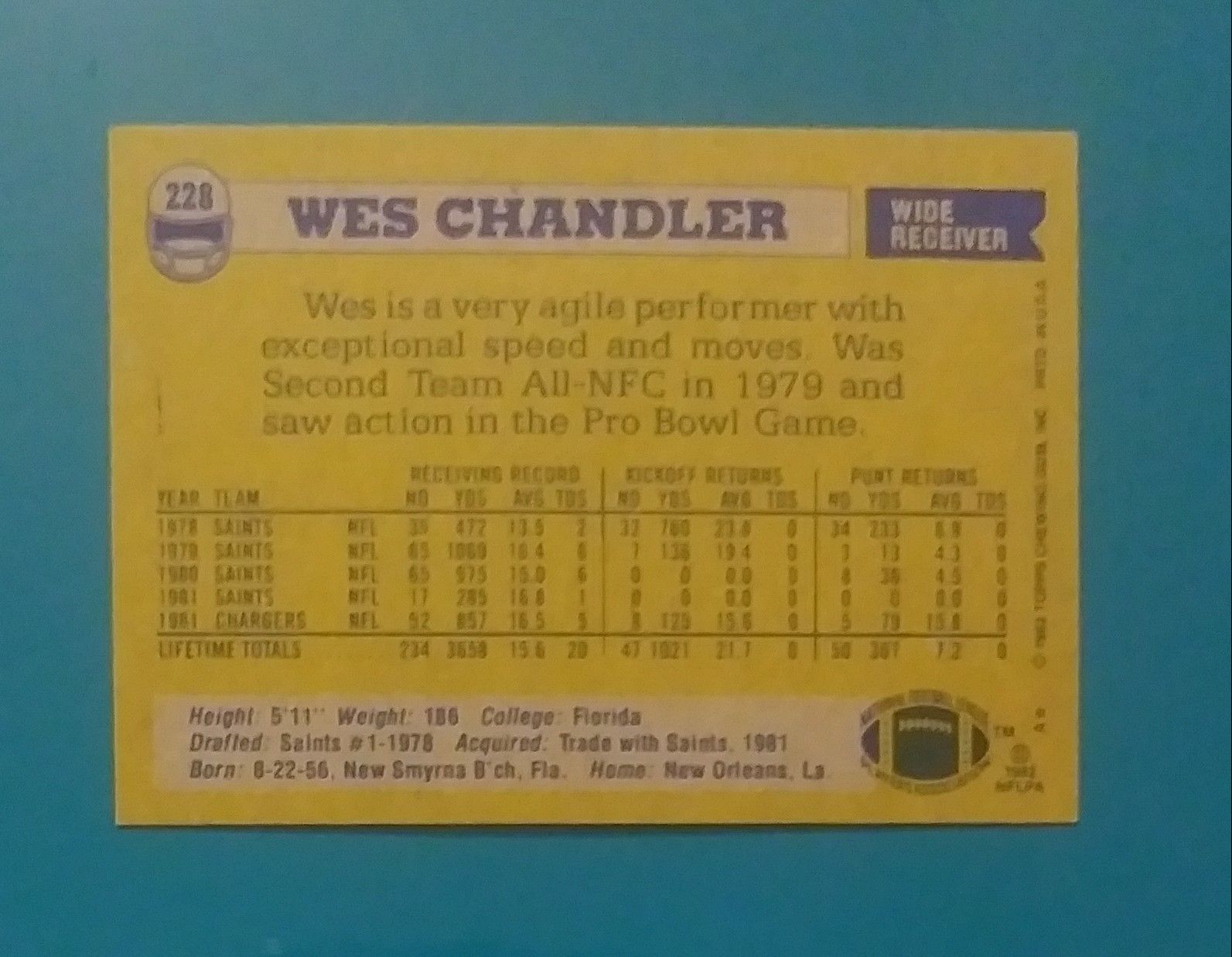 1982 Topps Wes Chandler San Diego Chargers #228 Wide Receiver Football Card Vintage Collectible Sports NFL
