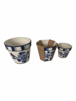 New Set of 3 Blue and White Floral Planters