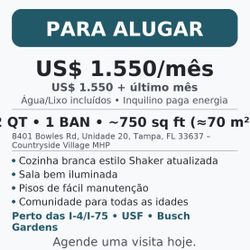 PARA ALUGAR – CASA MÓVEL 2 QT/1 BANHO (TAMPA) – PRONTA PARA MUDAR
