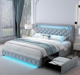 Open box-Open box-Queen Led Bed Frame with 2 Drawers, Modern Sturdy Adjustable Upholstered Crystal Button Tufted Headboard Platform Bedframe with Stor