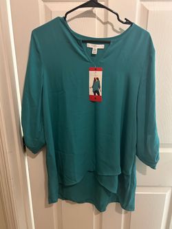 Teal V-Neck Layered Tunic Top, Size M
