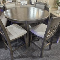 Brand New 42"×36H Round Gray Counter High Dining Table  + 4 Gray Linen Chairs