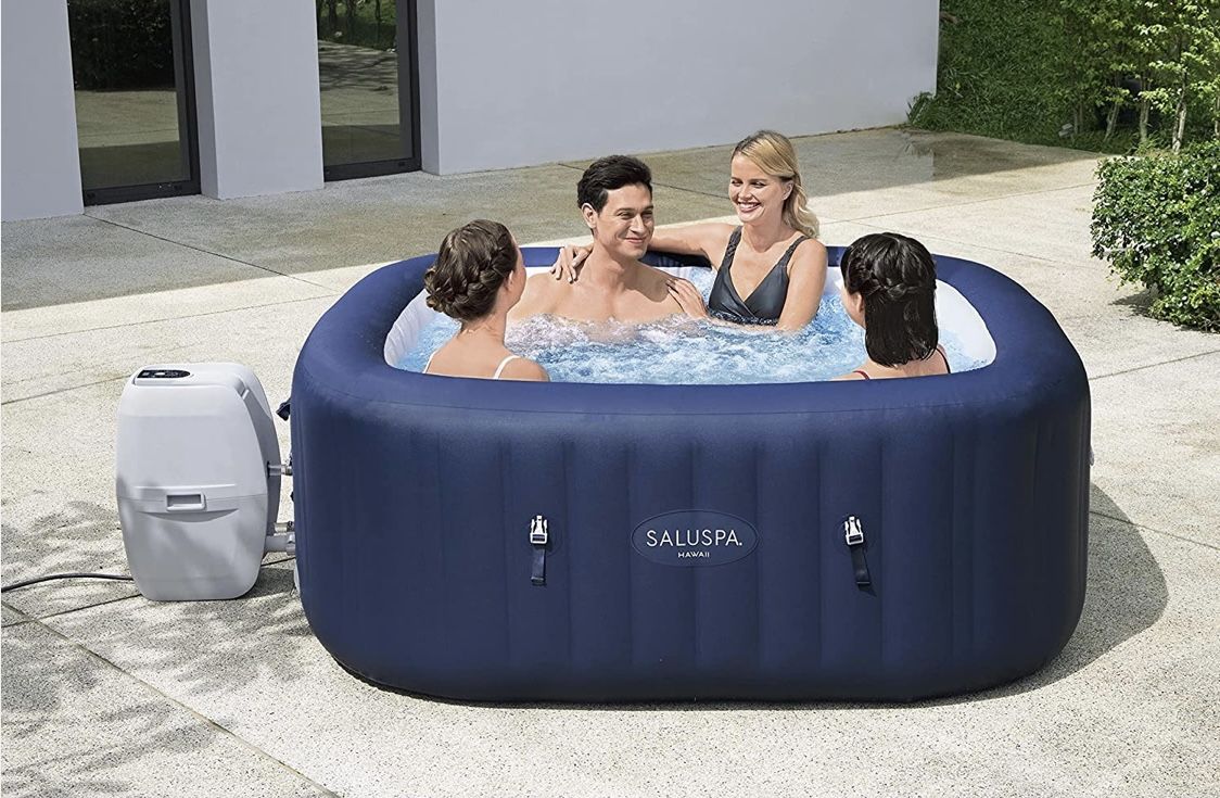 SaluSpa Hawaii Air Jet 71”x 71”x 26” 6-Person Outdoor Inflatable Hot Tub Spa with Air Jets, Pump, 2 Filter Cartridges, and Tub Cover, Navy