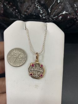 Atocha silver coin pendant silver n gold bezel with silver chain 16”