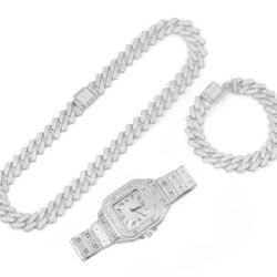 3 Piece Set Cuban Chain, A Watch, and A Other Braclet