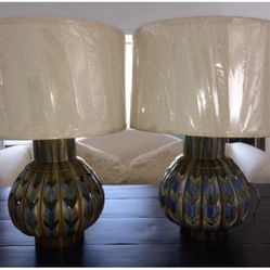 Pair Of Vintage Clay Chevron Pattern Lamps