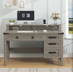 Rustic Gray Computer Desk With Hutch & Charging Station