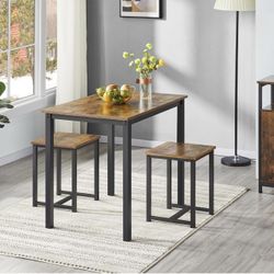 Dining Kitchen Table Set for 2 Breakfast Nook Table w/ 2 Stools for Dining Room Kitchen Small Space, Rustic Brown