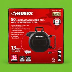 Husky 50 ft Retractable Cord Reel with Lighted Triple Tap